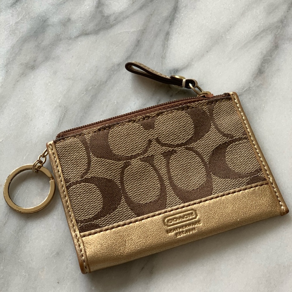 Coach Gold Leather Card Holder Keychain